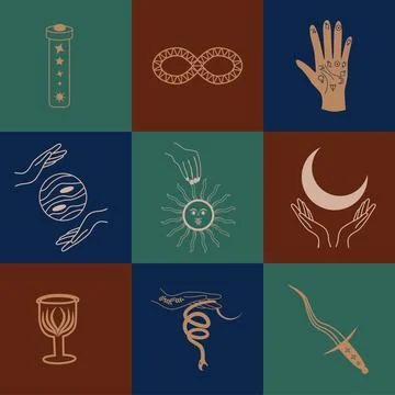Set of magic symbols, celestial seamless pattern. Astrological, magical and.. Illustrazione stock