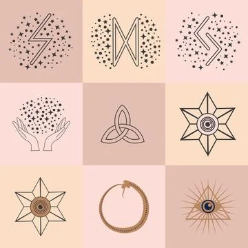 Set of magic symbols, celestial seamless pattern. Astrological, magical and.. Stock Illustration