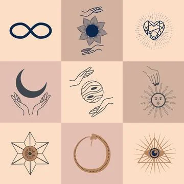 Set of magic symbols, celestial seamless pattern. Astrological, magical and.. Stock Illustration