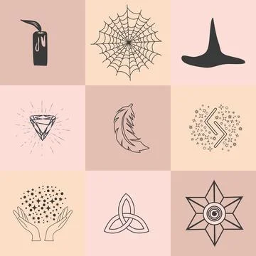Set of magic symbols, celestial seamless pattern. Astrological, magical and.. Illustrazione stock