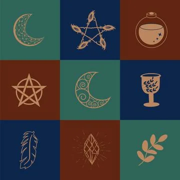 Set of magic symbols, celestial seamless pattern. Astrological, magical and.. Stock Illustration