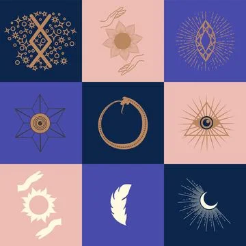 Set of magic symbols, celestial seamless pattern. Astrological, magical and.. 스톡 일러스트