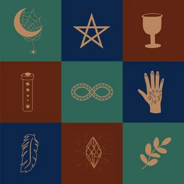 Set of magic symbols, celestial seamless pattern. Astrological, magical and.. Stock Illustration