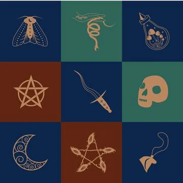 Set of magic symbols, celestial seamless pattern. Astrological, magical and.. Stock Illustration