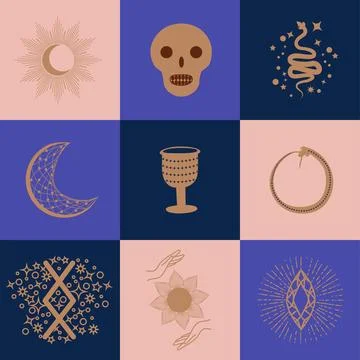 Set of magic symbols, celestial seamless pattern. Astrological, magical and.. Stock Illustration