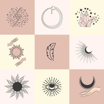 Set of magic symbols, celestial seamless pattern. Astrological, magical and e Stock Illustration