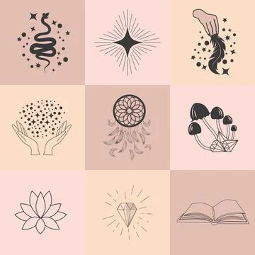 Set of magic symbols, celestial seamless pattern. Astrological, magical and e Stock Illustration