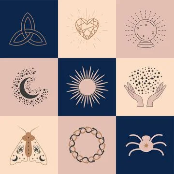 Set of magic symbols, celestial seamless pattern. Astrological, magical and e Stock Illustration