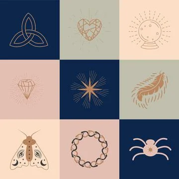 Set of magic symbols, celestial seamless pattern. Astrological, magical and e Stock Illustration