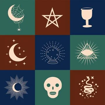 Set of magic symbols, celestial seamless pattern. Astrological, magical and e Illustrazione stock