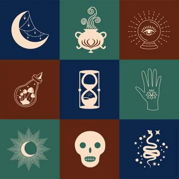 Set of magic symbols, celestial seamless pattern. Astrological, magical and e Illustrazione stock