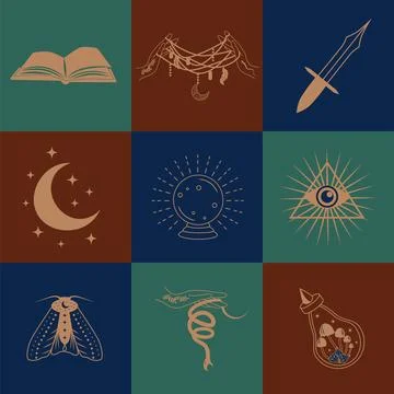 Set of magic symbols, celestial seamless pattern. Astrological, magical and.. Stockillustratie