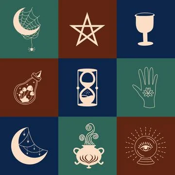 Set of magic symbols, celestial seamless pattern. Astrological, magical and e 스톡 일러스트