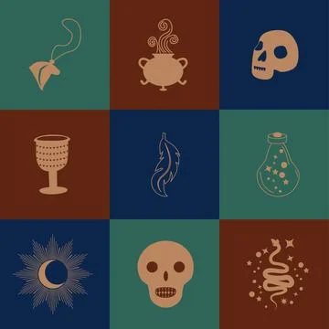 Set of magic symbols, celestial seamless pattern. Astrological, magical and e Stockillustratie
