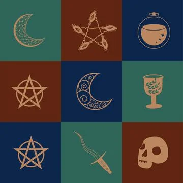 Set of magic symbols, celestial seamless pattern. Astrological, magical and e Stock Illustration