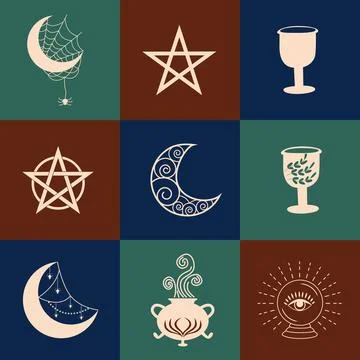 Set of magic symbols, celestial seamless pattern. Astrological, magical and e Stock Illustration