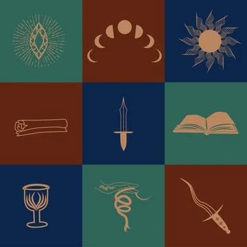 Set of magic symbols, celestial seamless pattern. Astrological, magical and.. 스톡 일러스트