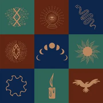 Set of magic symbols, celestial seamless pattern. Astrological, magical and.. 스톡 일러스트