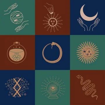 Set of magic symbols, celestial seamless pattern. Astrological, magical and.. Stock Illustration