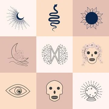 Set of magic symbols, celestial seamless pattern. Astrological, magical and.. Stock Illustration