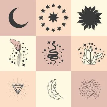 Set of magic symbols, celestial seamless pattern. Astrological, magical and.. Stock Illustration