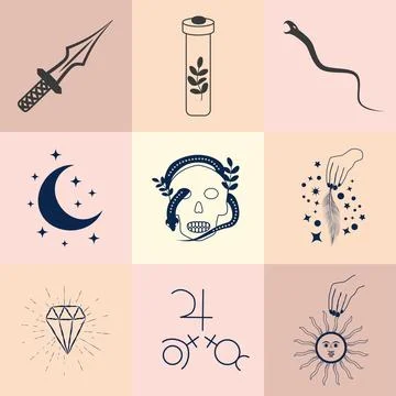 Set of magic symbols, celestial seamless pattern. Astrological, magical and.. Stock Illustration