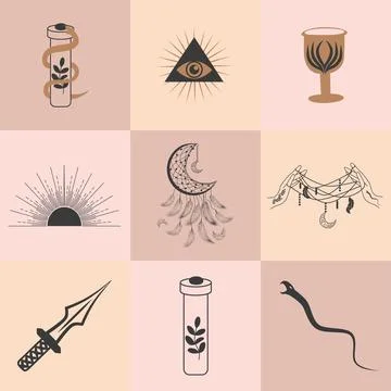 Set of magic symbols, celestial seamless pattern. Astrological, magical and.. Stock Illustration