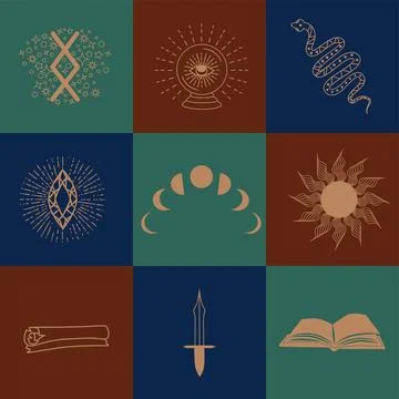 Set of magic symbols, celestial seamless pattern. Astrological, magical and e Illustrazione stock