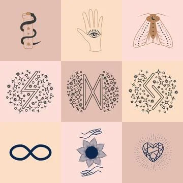 Set of magic symbols, celestial seamless pattern. Astrological, magical and.. Stock Illustration