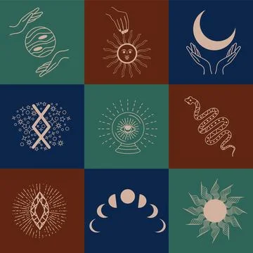Set of magic symbols, celestial seamless pattern. Astrological, magical and e Stock Illustration