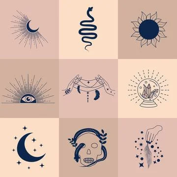 Set of magic symbols, celestial seamless pattern. Astrological, magical and e Stock Illustration