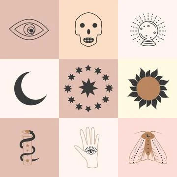 Set of magic symbols, celestial seamless pattern. Astrological, magical and.. Stock Illustration