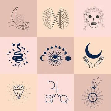 Set of magic symbols, celestial seamless pattern. Astrological, magical and.. Stock Illustration