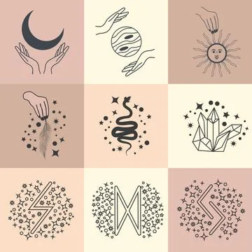 Set of magic symbols, celestial seamless pattern. Astrological, magical and e Stock Illustration