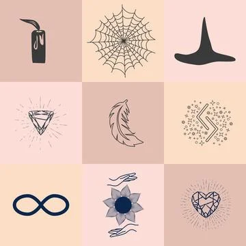 Set of magic symbols, celestial seamless pattern. Astrological, magical and e Stock Illustration