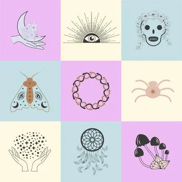 Set of magic symbols, celestial seamless pattern. Astrological, magical and e Illustrazione stock