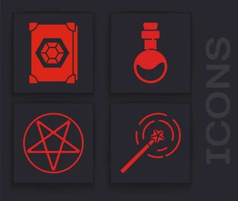 Set Magic wand, Ancient magic book, Bottle with love potion and Pentagram in a Illustrazione stock