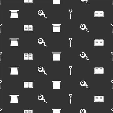 Set Magic wand, Ancient magic book, hat and Eye on seamless pattern. Vector Stock Illustration