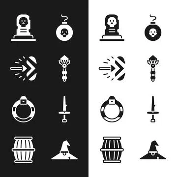 Set Magic wand, arrow, Grave with tombstone, Bomb ready explode, ring, Dagger Stock Illustration