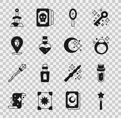 Set Magic wand, Bottle with potion, stone ring, hand mirror, Sword the and Moon Illustrazione stock