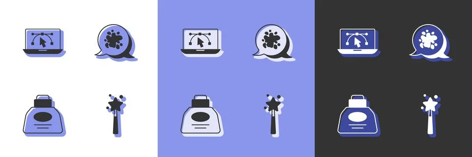 Set Magic wand Computer with design program Inkwell and Paint spray icon. Vec Illustrazione stock