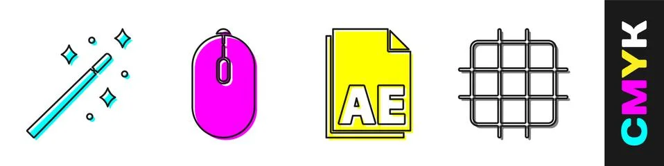 Set Magic wand, Computer mouse, AE file document and Grid graph paper icon Illustrazione stock