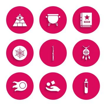 Set Magic wand, Cube levitating above hand, Bottle with love potion, Dream Illustrazione stock