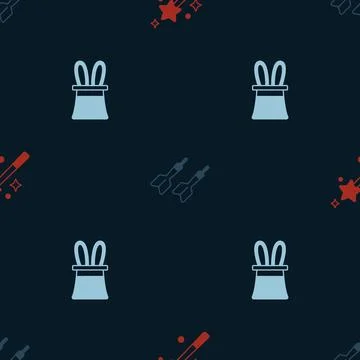 Set Magic wand, Dart arrow and Magician hat rabbit ears on seamless pattern.. Stock Illustration