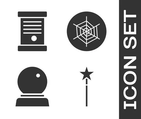 Set Magic wand, Decree, paper, parchment, scroll, Magic ball and Spider web icon Illustrazione stock