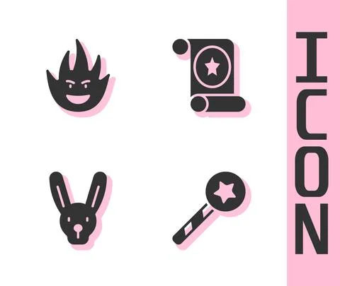 Set Magic wand, Fire flame, Rabbit with ears and scroll icon. Vector Illustrazione stock