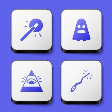 Set Magic wand, Ghost, All-seeing eye of God and icon. White square button Ilustração Stock