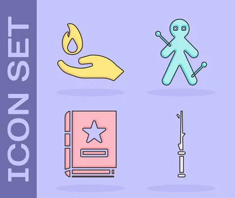 Set Magic wand, Hand holding a fire, Ancient magic book and Voodoo doll icon Ilustração Stock