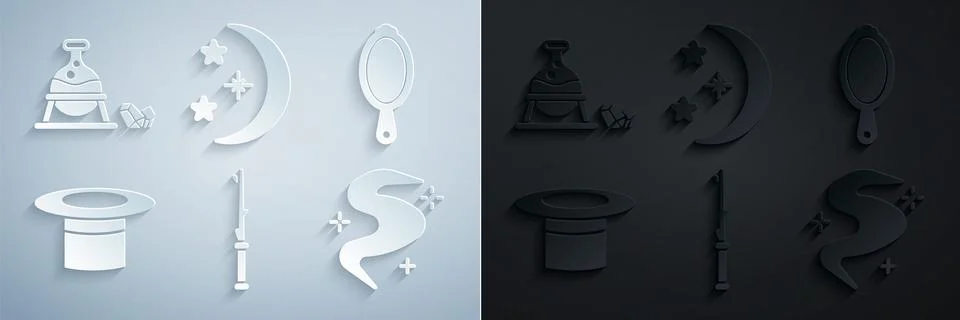 Set Magic wand, hand mirror, Magician hat, fog smoke, Moon stars and Witch Stock Illustration