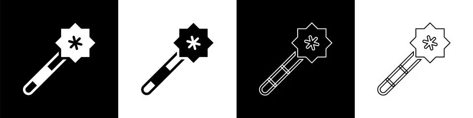 Set Magic wand icon isolated on black and white background. Star shape magi.. Stock Illustration